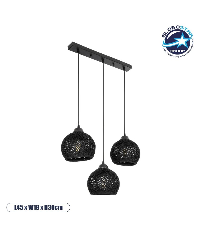 GLOBOSTAR® YASAM 203-0026 Vintage Κρεμαστό Φωτιστικό Οροφής με Ντουί 3 x E27 AC 220-240V IP20 - Μαύρο - Μ45 x Π18 x Υ30cm